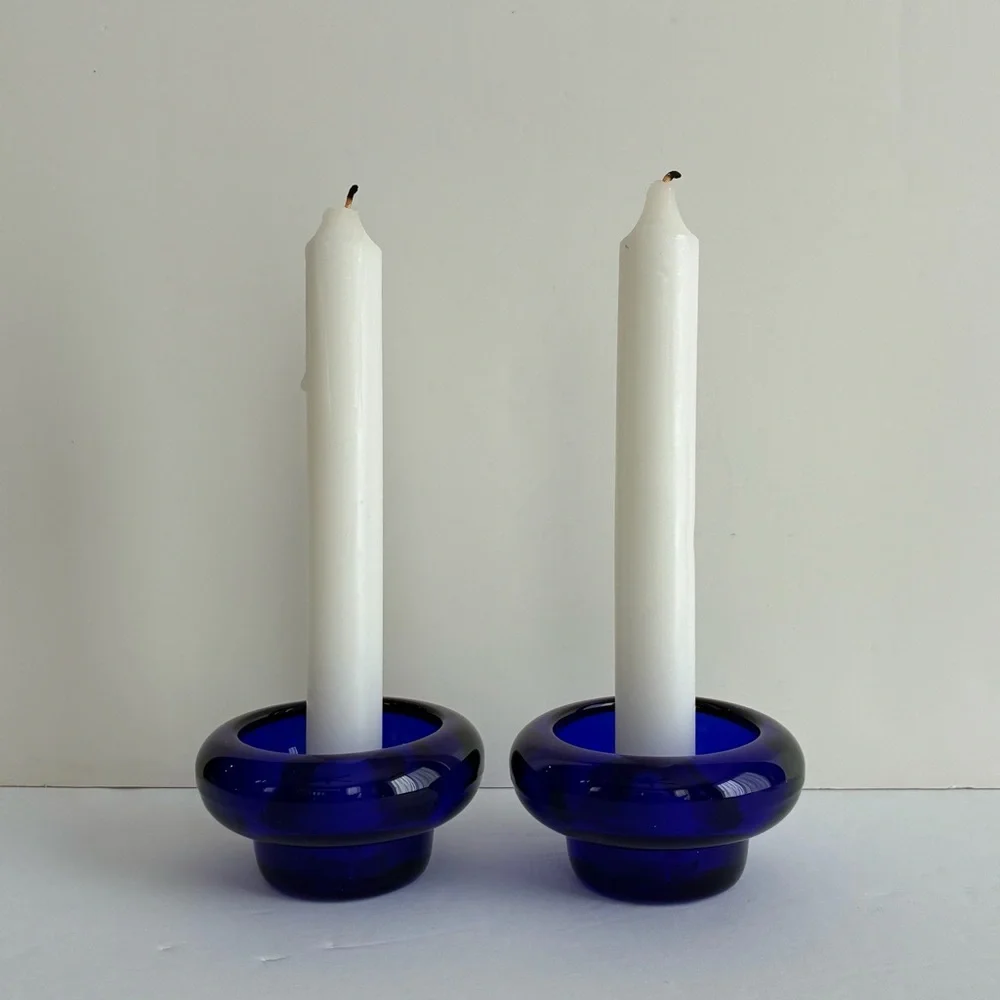 France Glass Cobalt Blue Taper or Votive Candle Holders Stackable Set 2